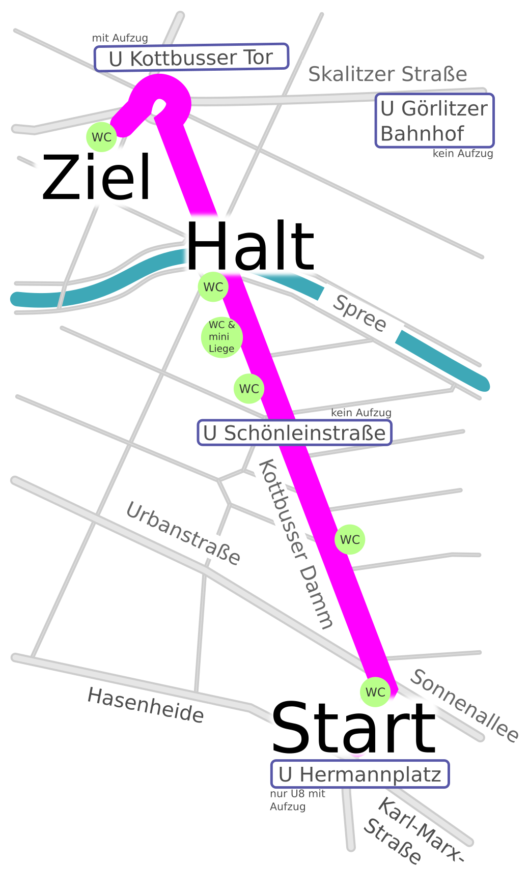 Eine kontrastreiche Kartendarstellung der Paradestrecke vom Hermannplatz über die Kottbusser Brücke zum Kottbusser Tor mit angrenzenden Straßen, rollstuhlgerechten WCs und U-Bahnhöfen.