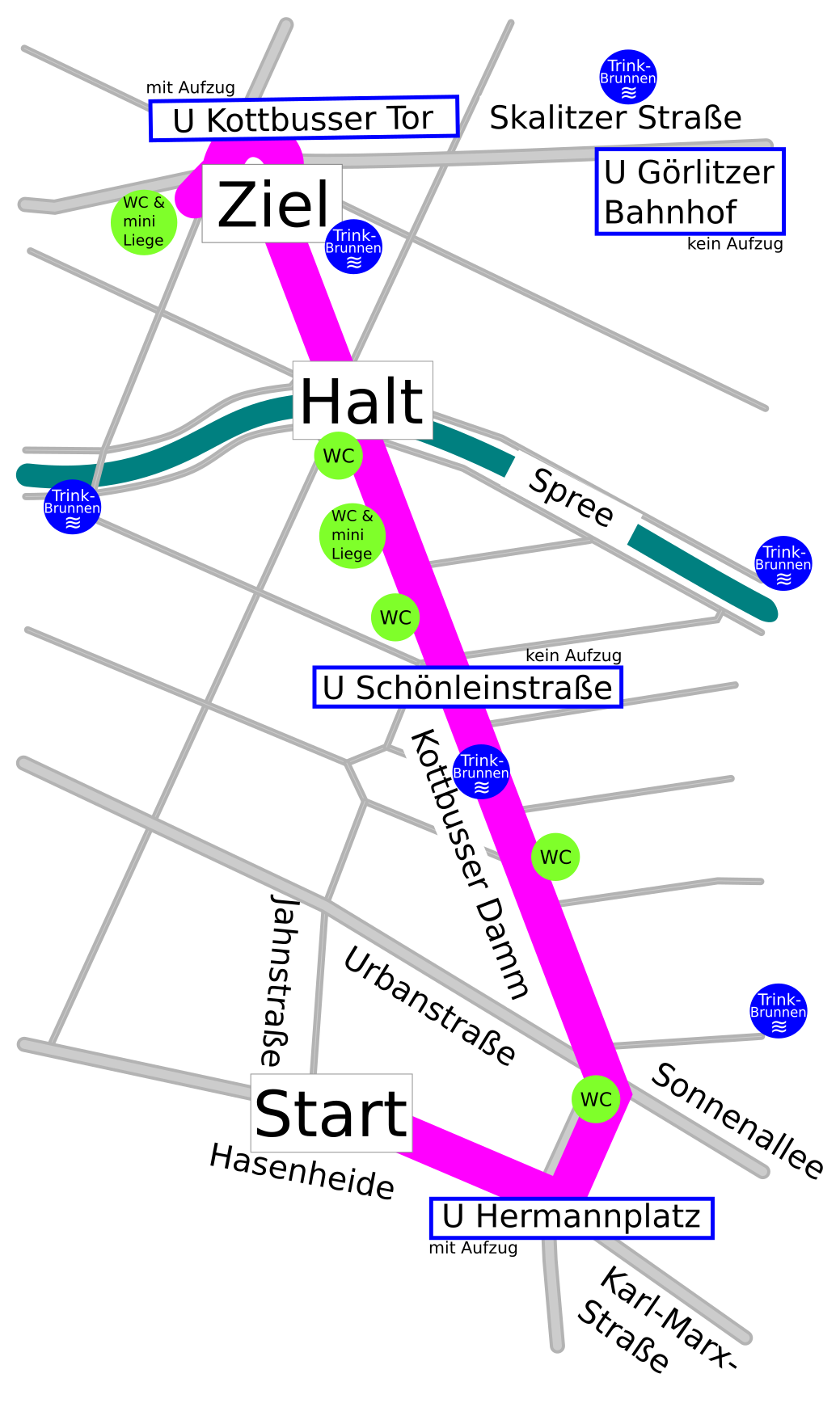 Eine kontrastreiche Kartendarstellung der Paradestrecke von der Kreuzung Hasenheide Ecke Jahnstraße über den Hermannplatz und die Kottbusser Brücke bis zum Kottbusser Tor mit angrenzenden Straßen, rollstuhlgerechten WCs und U-Bahnhöfen.
