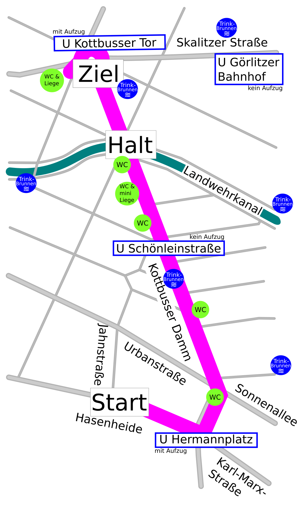 Eine kontrastreiche Kartendarstellung der Paradestrecke von der Kreuzung Hasenheide Ecke Jahnstraße über den Hermannplatz und die Kottbusser Brücke bis zum Kottbusser Tor mit angrenzenden Straßen, rollstuhlgerechten WCs und U-Bahnhöfen.